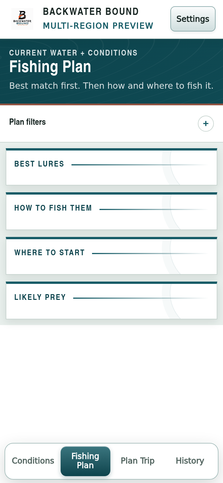 BackWater Bound fishing plan screen