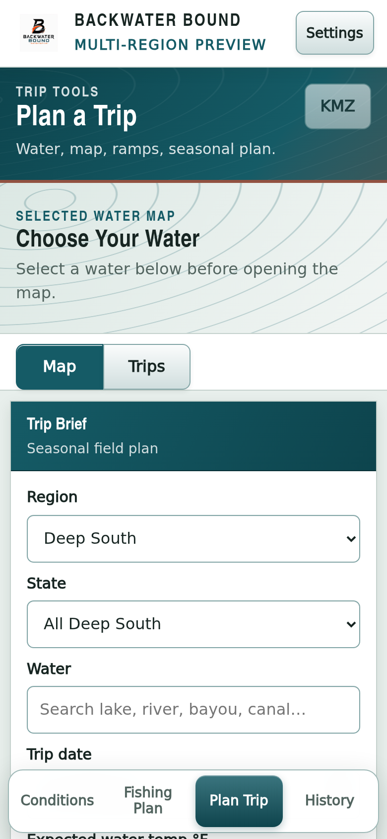 BackWater Bound plan a trip screen